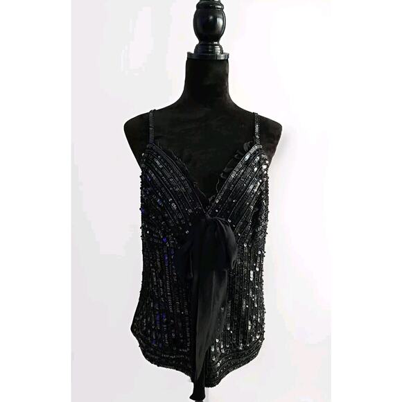 NWT Luisa Spagnoli Women's Black Sequin Cami Tank Top With Ruffles Bow Sheer L - Picture 1 of 7